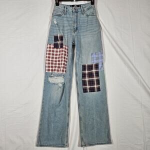 Hollister Ultra High Rise Dad Jeans Womens 24 24x31 Light Wash Plaid Patchwork